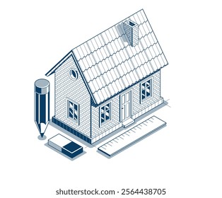 Cottage house for rest project concept, 3D isometric vector illustration of a small house building project, countryside small house cabin in village or nature.