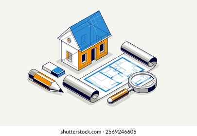 Cottage house for rest project concept, 3D isometric vector illustration of a small house building project, countryside small house cabin in village or nature.