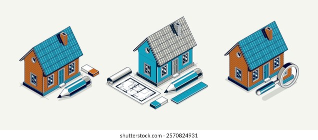 Cottage house for rest project concept set, 3D isometric vector illustration of a small house building project, countryside small house cabin in village or nature.