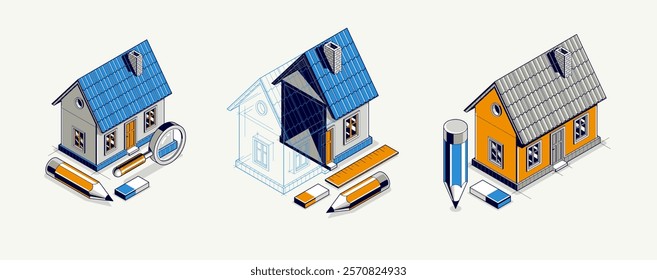 Cottage house for rest project concept set, 3D isometric vector illustration of a small house building project, countryside small house cabin in village or nature.