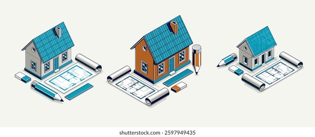 Cottage house for rest project concept set, 3D isometric vector illustration of a small house building project, countryside small house cabin in village or nature.