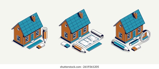 Cottage house for rest project concept set, 3D isometric vector illustration of a small house building project, countryside small house cabin in village or nature.
