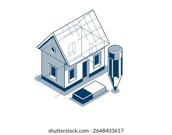 Casa de campo para el concepto de proyecto de descanso, Ilustración vectorial isométrica 3D de un proyecto de construcción de una casa Pequeña, cabaña de casa Pequeña en el campo en el pueblo o la naturaleza.