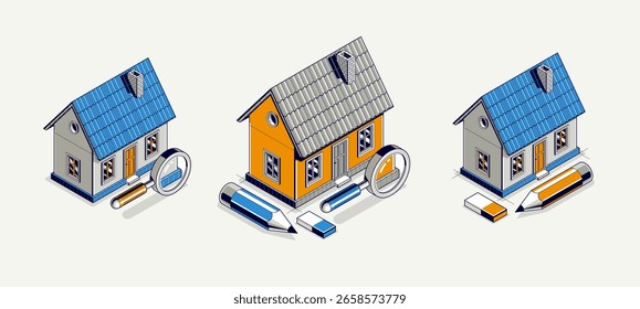 Conjunto de concepto de casa de campo para proyecto de descanso, Ilustración vectorial isométrica 3D de un proyecto de construcción de una casa Pequeña, cabaña de casa Pequeña en el campo en el pueblo o la naturaleza.
