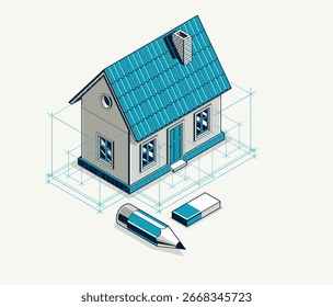 Cottage house for rest project concept, 3D isometric vector illustration of a small house building project, countryside small house cabin in village or nature.