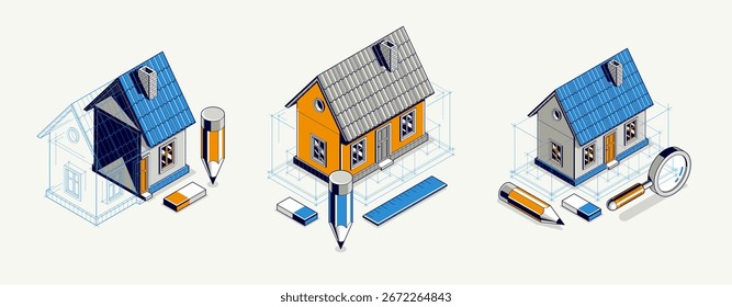 Conjunto de concepto de casa de campo para proyecto de descanso, Ilustración vectorial isométrica 3D de un proyecto de construcción de una casa Pequeña, cabaña de casa Pequeña en el campo en el pueblo o la naturaleza.