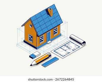 Cottage house for rest project concept, 3D isometric vector illustration of a small house building project, countryside small house cabin in village or nature.