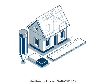 Casa de campo para o conceito de projeto de descanso, ilustração vetorial isométrica 3D de um projeto de construção de casa pequena, cabine de casa pequena do campo na aldeia ou na natureza.