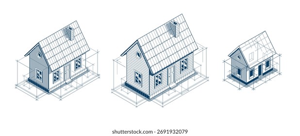 Conjunto de concepto de casa de campo para proyecto de descanso, Ilustración vectorial isométrica 3D de un proyecto de construcción de una casa Pequeña, cabaña de casa Pequeña en el campo en el pueblo o la naturaleza.