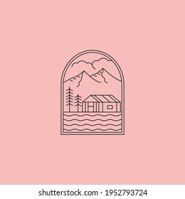 cottage house and river line art vector symbol illustration design, outdoor badge design