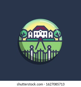Cottage house, villa with automatic gates flat icon. Round colorful button, House with Driveway and Entrance gate circular vector sign. Flat style design