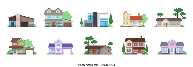 Cottage houses. Front view modern suburban home, countryside townhomes and cottages facades, architecture building with garage and terrace. Family house, real estate design flat vector isolated set