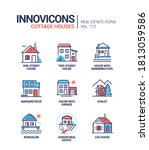 Cottage houses modern line design style icons set. Town, suburban architecture, real estate idea. A collection of buildings with swimming pool, mansard roof, garage, garden. Chalet, bungalow types