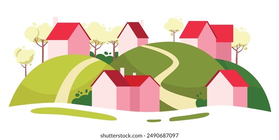 Cottage houses neighborhood in a parkland with trees and green hills. Many bright cute pink houses on hills. Real estate and home ownership concept illustration