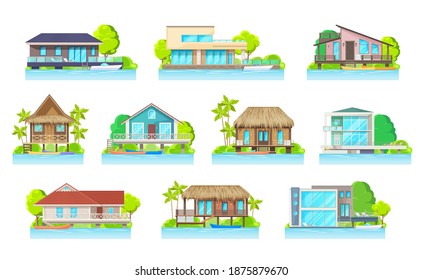 Cottage Houses On Lake Or River, Vector Residential Modern Home Buildings With Parked Boats, Bungalows. Cartoon Exterior Facades Architecture Of Family Homes Or Mansion And Villas Isolated Icons Set.