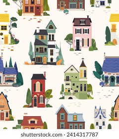 Cottage houses seamless vector pattern. Background with colorful town mansion homes, building, trees, bush. Repeatable flat illustration textile print, cover, wallpaper, wrapping paper