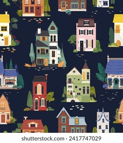 Cottage houses seamless vector pattern. Dark Blue Background with colorful town mansion homes, building, trees, bush. Repeatable flat illustration textile print, cover, wallpaper, wrapping paper