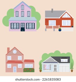 Cottage houses vector graphics. Facade of houses with a roof, windows and ornaments. Vector houses over isolated background. Contemporary.
