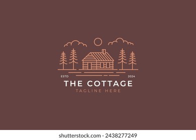 Cottage Hut Forest Wood House Casa de vacaciones Home Paisaje Concepto Logo