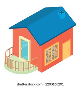 Icono de cabaña vector isométrico. Moderna casa de una planta con un icono de balcón redondeado. Vivienda, construcción, arquitectura
