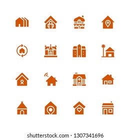 cottage icon set. Collection of 16 filled cottage icons included House, Home, Hut, Beach house, Mansion, Houses