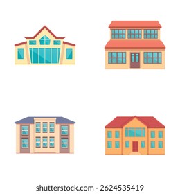 Conjunto de iconos de la cabaña Vector de dibujos animados. Vivienda residencial urbana o suburbana. Exterior, arquitectura