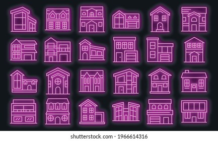 Cottage icons set. Outline set of cottage vector icons neon color on white