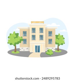 Ilustración de cabaña. Edificio, árbol, ventana, puerta. Diseño gráfico de Vector editable.