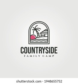 cottage island with sunset icon logo vector minimal illustration design, cabin line art logo