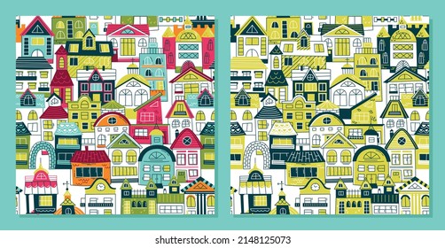 Cottage-Kindermuster, drucken. Alte Stadt - Vektornahtloses Muster im skandinavischen Stil. Wiederholungsmuster für Gewebe, Textilien, Tapeten, Poster, Geschenkpapier, Servietten, Tischdecken. Print for ki