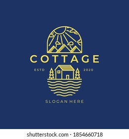 Cottage line art logo vector illustration design, mountain river pine tree line art , or Cabin line art logo