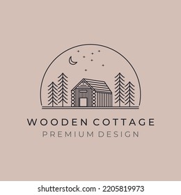cottage line art logo vector illustration design graphic, wooden cottage and pine tree symbol design