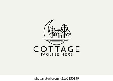 cottage logo with a combination of a cottage, moon, and trees in outline style.