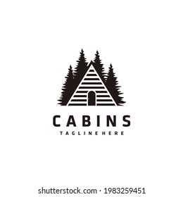 Cottage logo design line art cabin and pine tree vector illustration 