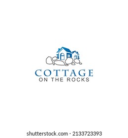 Logo de la cabaña, sobre las rocas, logotipo de una cabaña sobre algunas rocas