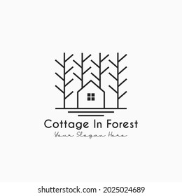 Cottage logo vector illustration design, Cabin in Forest logo design with simple line art style