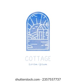 cottage logo watercolor, sunrise, landscape