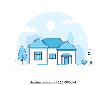 Cottage - modern thin line design style vector illustration on white urban background. Blue colored cityscape with low-storey building, lantern, tree, bush, silhouette of church. City architecture