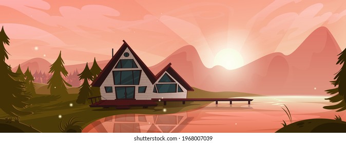 Cottage at mountain lake in forest, wooden house on stilts with pier at pond sunrise scenery landscape. Luxury wood home with terrace, Eco dwelling, hotel, game background, Cartoon vector illustration