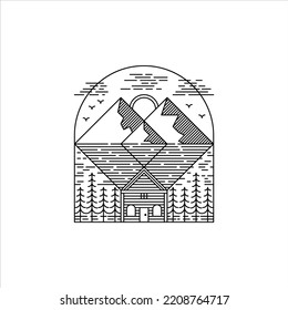 cottage with mountain, river and pine tree in line art style logo design. cabin vector logo design