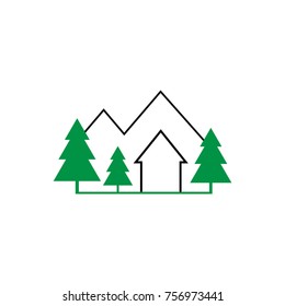 Cottage in mountains and forest logo. Black and green outline cottage graphic vector logo, isolated on white background.