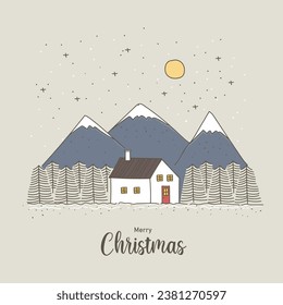 Cottage in the mountains. Hand drawn vector illustration for your design