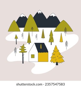 Cottage in mountains and pine trees. Vector linear illustration in doodle style. Solitude with nature. Winter landscape minimalist style for design