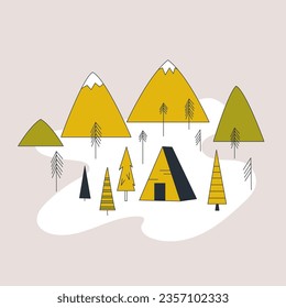 Cottage in mountains and trees. Camping for the weekend. Solitude with nature. Vector linear illustration in doodle style. Winter landscape minimalist style for design