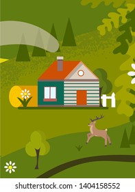 Cottage in nature, rustic house with windows and doors. Summer house in the mountains, on the green grass, around trees and animals. Flat cartoon vector illustration.
