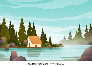 Cottage  near large lake in forest area and sunrise in the morning, landscape nature background with water mountains and rocks,  horizontal summer camp concept