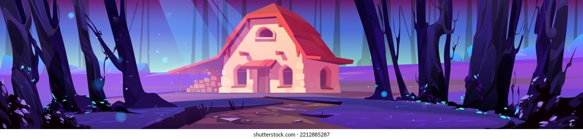 Cottage In Night Forest, Stone House With Wooden Roof On Dark Field With Coniferous Trees. Cozy Home At Moonlight In Mysterious Wood. Game Scene 2d Background With Dwelling Cartoon Vector Illustration