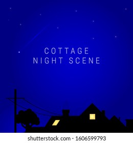 Cottage night scene. Inside-lit village house with an old oak tree growing nearby and a telegraph pole. Illuminated home. A comet flies in the sky, or an airplane with an inversion trail. Vector art.