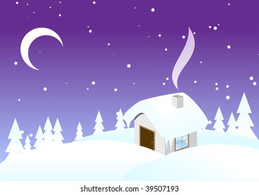 Cottage in night time landscape of snowflakes and evergreen trees. Vector illustration.