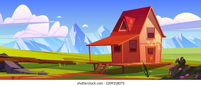 Alquiler en campo verde en el paisaje del valle de montaña. Casa de madera sobre pilotes en la pradera de verano bajo el cielo azul con nubes en los días soleados. Hogar con terraza sobre fondo de dibujos animados de pilas, ilustración vectorial